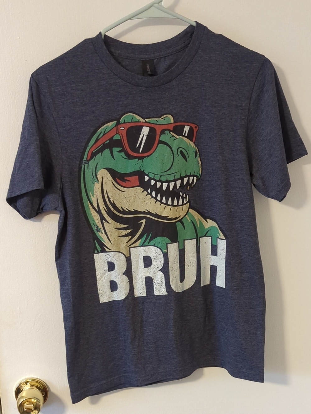 Gildan Navy Short Sleeve Tee with Green Dinosaur Graphic and Red Sunglasses